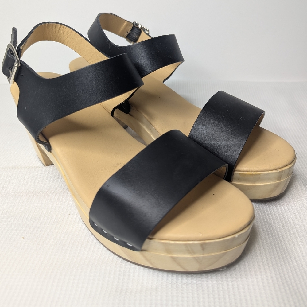 Nisolo Black Leather Platform Clog Sandal Wood Heel Open Toe Women's Size 7